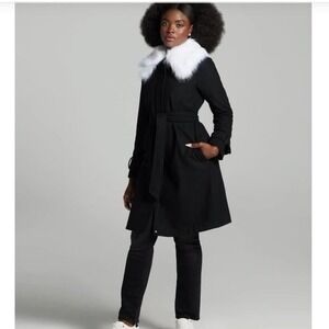 Gabrielle Union NWT Black Wool Blend‎ Belted Coat Removable Faux Fur Collar XS